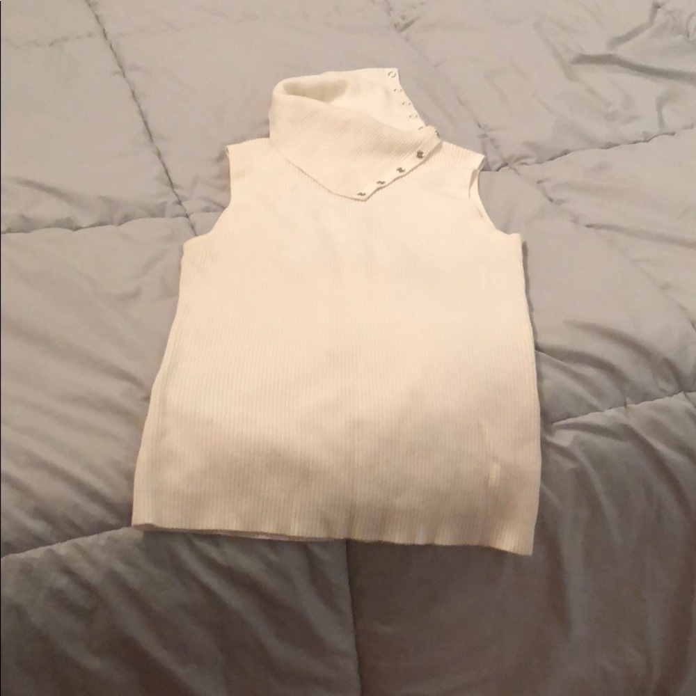Asymmetrical mock neck sleeveless ribbed cream top